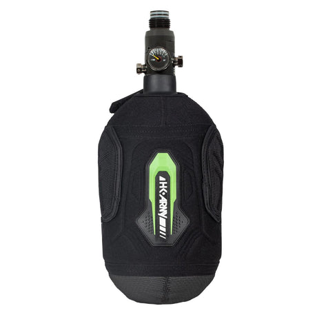 Logo Energy Green and Black HK Army Hardline Armored padded neoprene Tank Cover with zipper and velcro for 4500 psi air system.