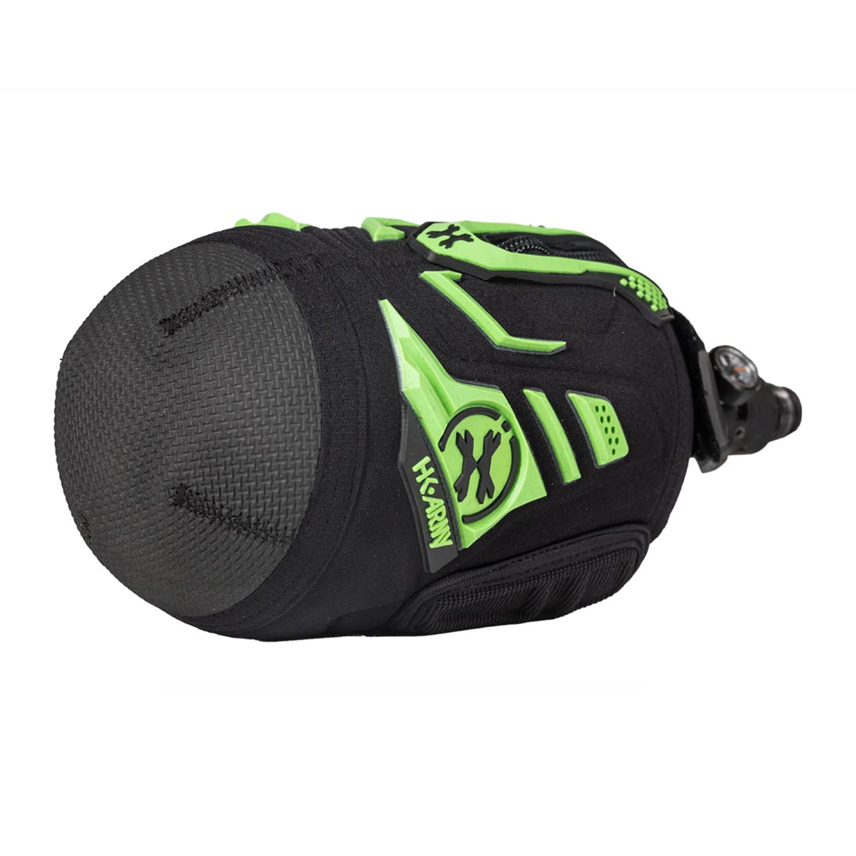 bottom Energy Green and Black HK Army Hardline Armored padded neoprene Tank Cover with zipper and velcro for 4500 psi air system.