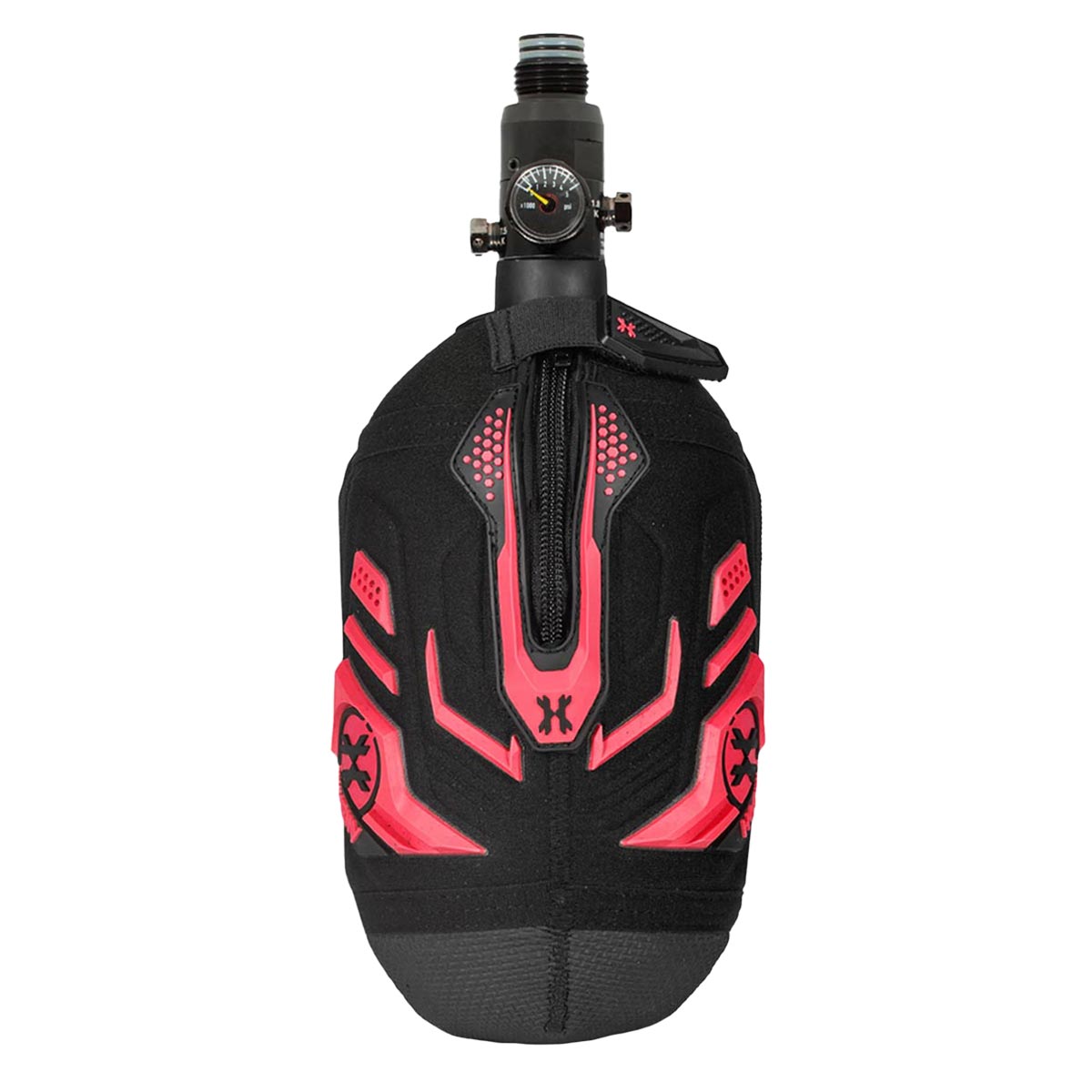 Zipper Red Fire and Black HK Army Hardline Armored padded neoprene Tank Cover with zipper and velcro for 4500 psi air system.