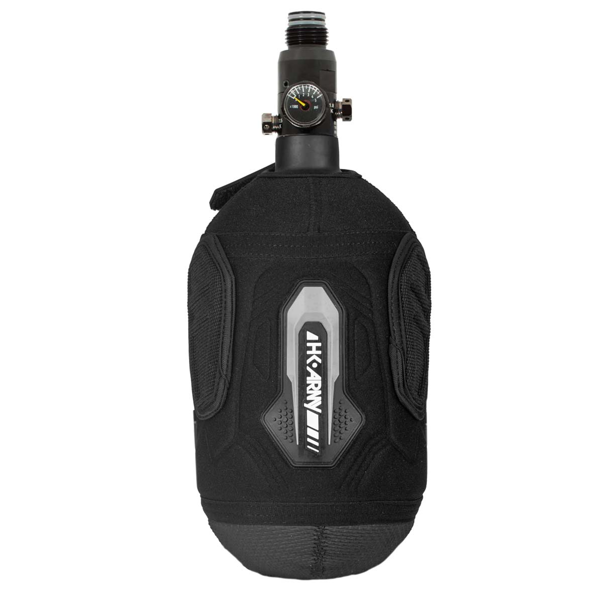 Side view Graphite black and grey HK Army Hardline Armored padded neoprene Tank Cover with zipper and velcro for 4500 psi air system.