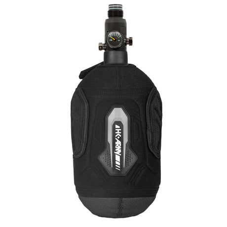 Side view Graphite black and grey HK Army Hardline Armored padded neoprene Tank Cover with zipper and velcro for 4500 psi air system.