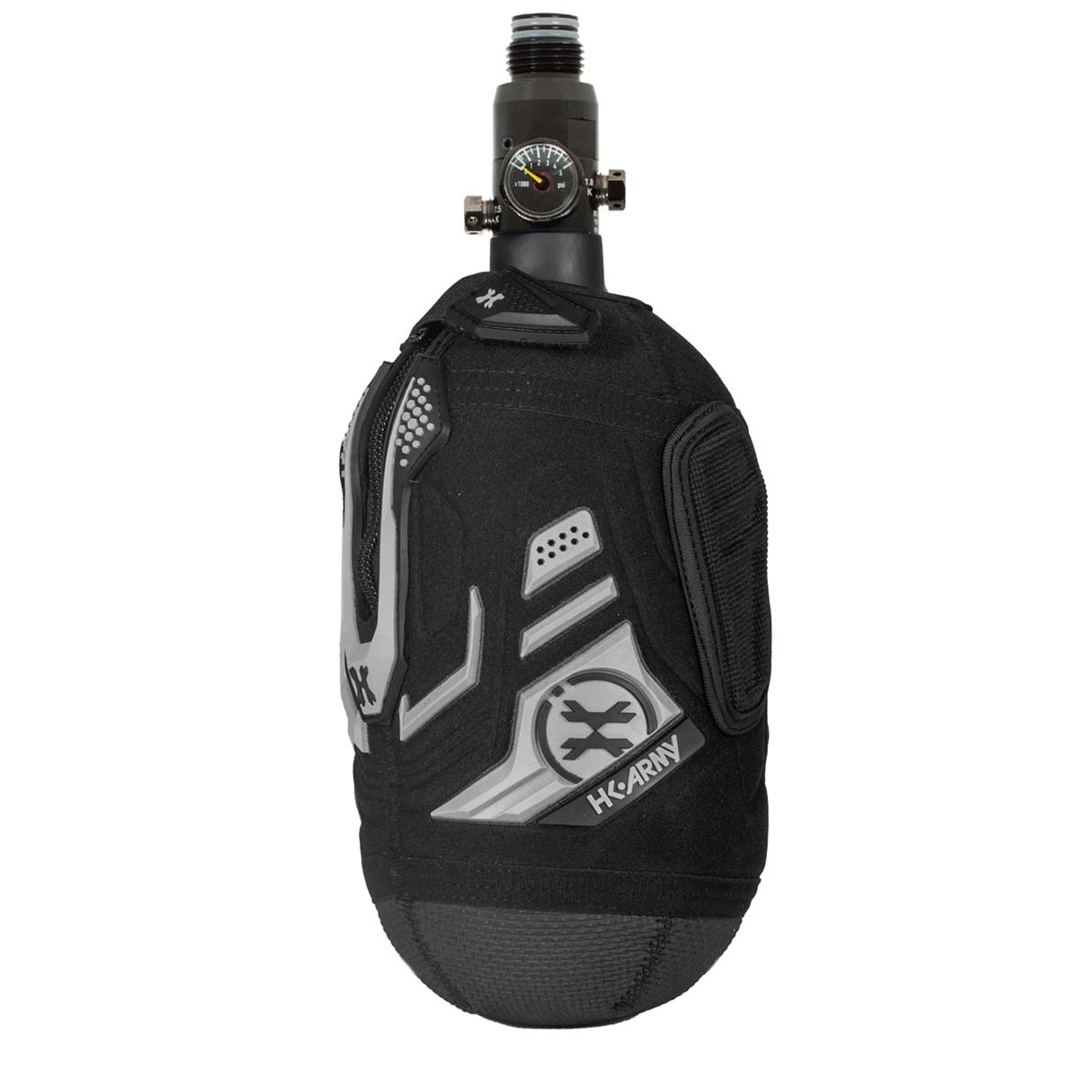 Logo side Graphite black and grey HK Army Hardline Armored padded neoprene Tank Cover with zipper and velcro for 4500 psi air system.
