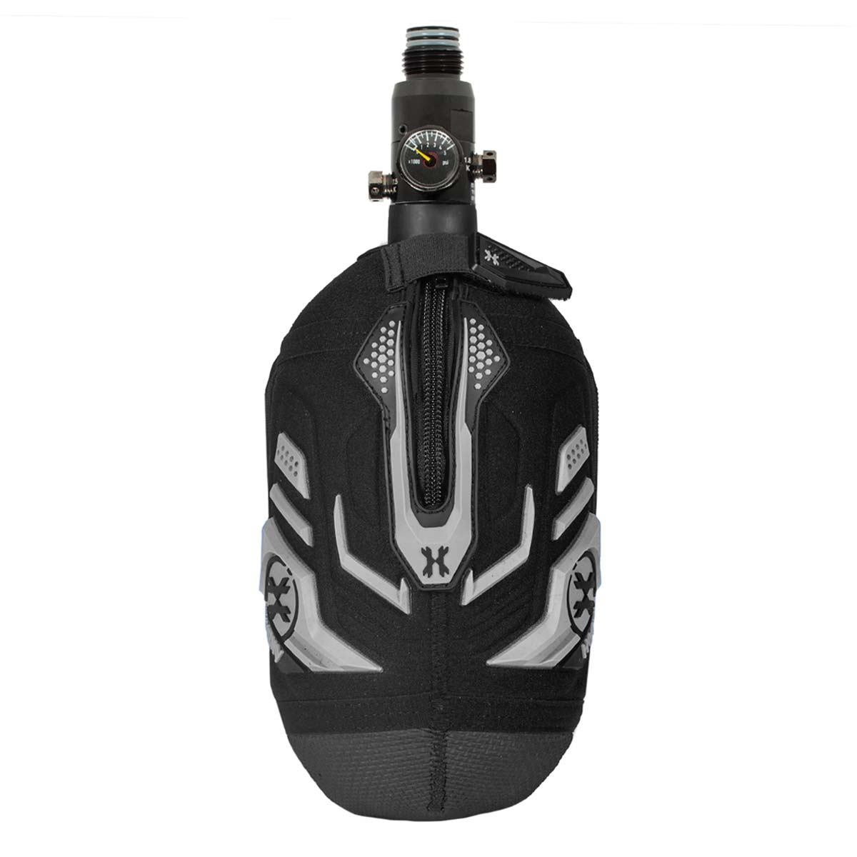 Graphite black and grey HK Army Hardline Armored padded neoprene Tank Cover with zipper and velcro for 4500 psi air system.