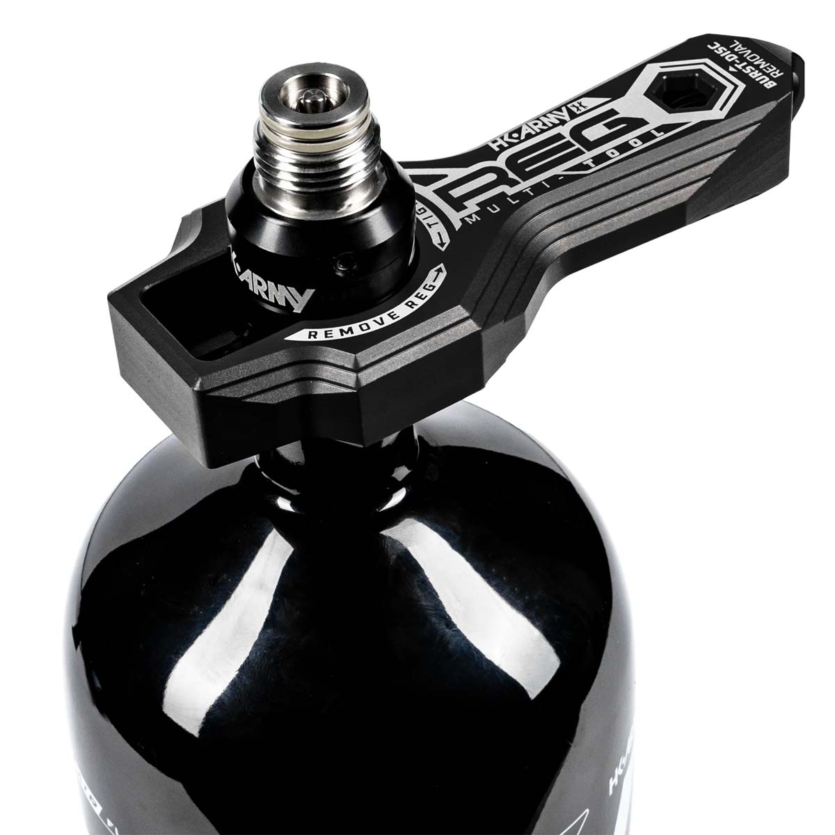 Black HK Army Regulator Multi Tool paintball and airsoft tank regulator remove on a tank on a white background