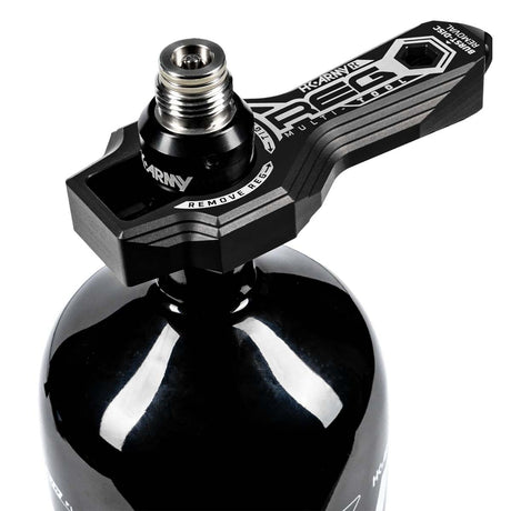 Black HK Army Regulator Multi Tool paintball and airsoft tank regulator remove on a tank on a white background