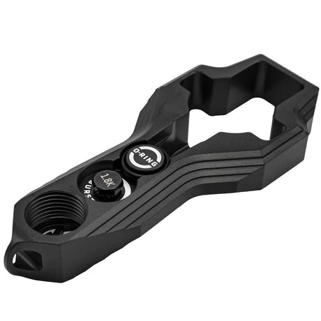 angled underside of Black HK Army Regulator Multi Tool paintball and airsoft tank regulator remove on a white background