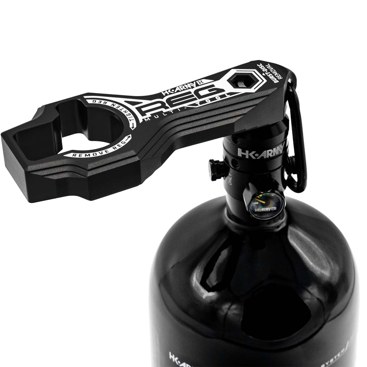 degas tank position Black HK Army Regulator Multi Tool paintball and airsoft tank regulator remove on a white background