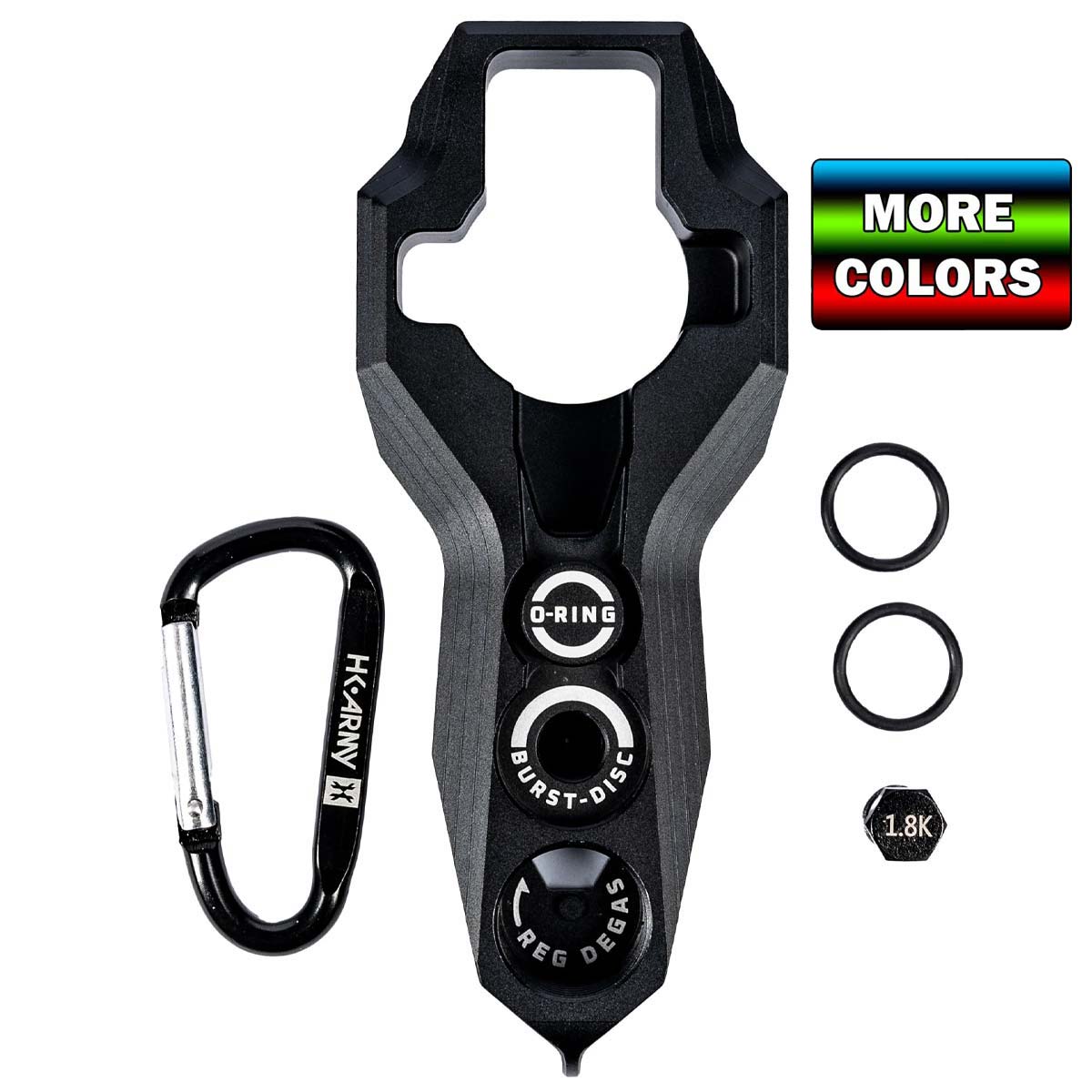 Black HK Army Regulator Multi Tool paintball and airsoft tank regulator remove with included parts and a More Colors banner on a white background