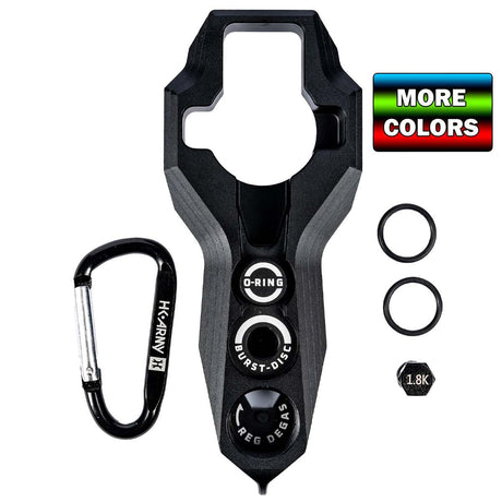 Black HK Army Regulator Multi Tool paintball and airsoft tank regulator remove with included parts and a More Colors banner on a white background