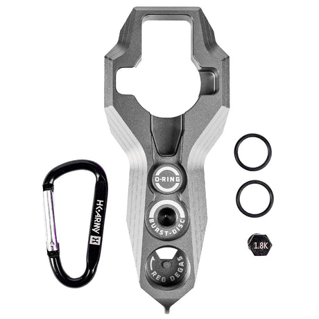 Pewter HK Army Regulator Multi Tool paintball and airsoft tank regulator remove with included parts on a white background