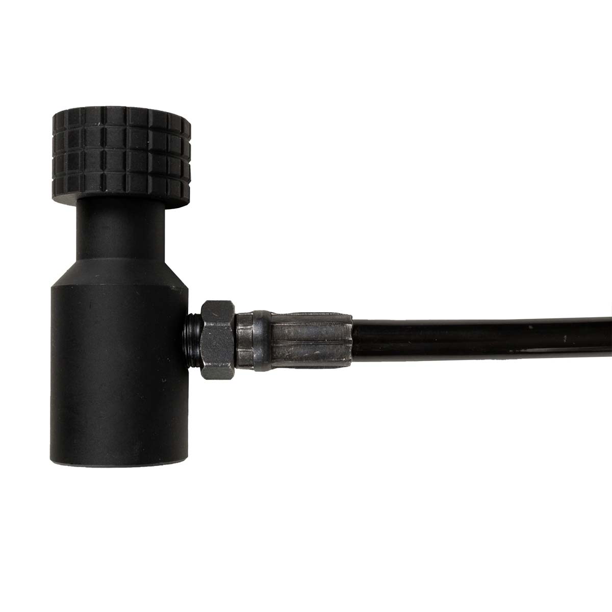 black HK Army Remote Coiled Hose Line With Slide Check for paintball and airsoft air systems tank attachment photographed on a plain white background.