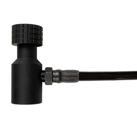 black HK Army Remote Coiled Hose Line With Slide Check for paintball and airsoft air systems tank attachment photographed on a plain white background.