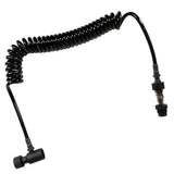 black HK Army Remote Coiled Hose Line With Slide Check for paintball and airsoft air systems photographed on a plain white background.