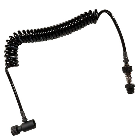 black HK Army Remote Coiled Hose Line With Slide Check for paintball and airsoft air systems photographed on a plain white background.
