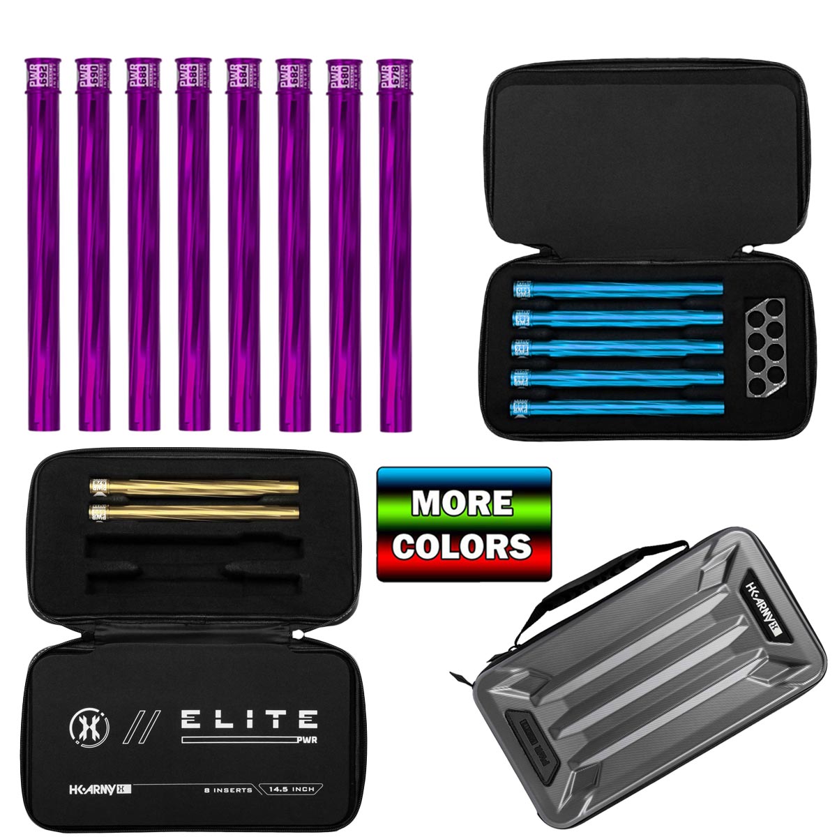 HK Army Vector PWR Barrel Insert Kit in 3 colors with 3 cases and a More Colors banner on a white background