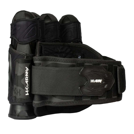 Side view Black HK Army Zero G 2.0 Harness 4+3+4 paintball pack on a white background.