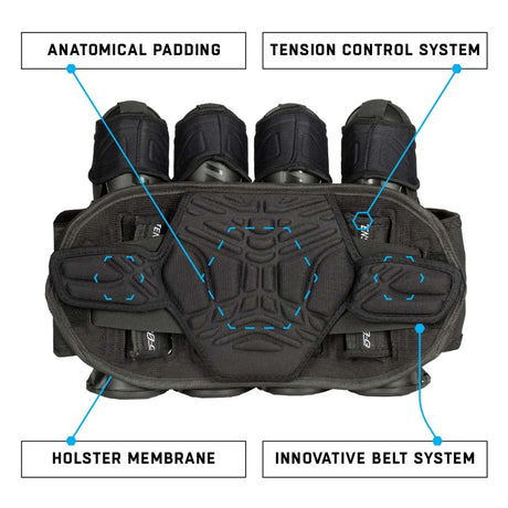 Back Support Black HK Army Zero G 2.0 Harness 4+3+4 paintball pack on a white background.