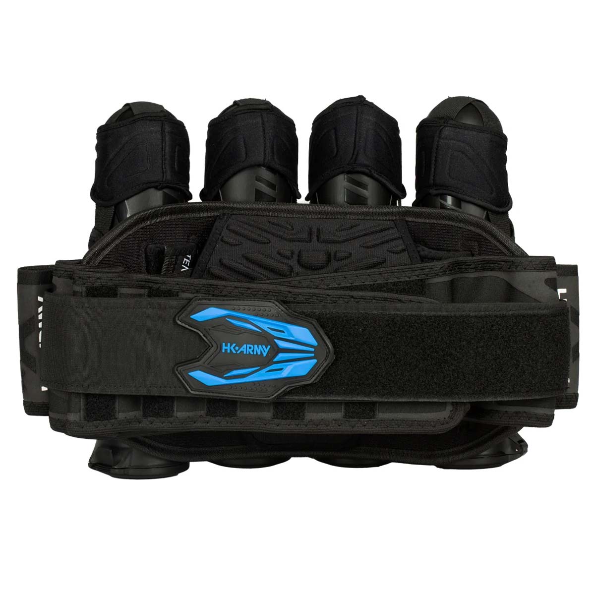 Back of Black Blue HK Army Zero G 2.0 Harness 4+3+4 paintball pack on a white background.