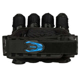 Back of Black Blue HK Army Zero G 2.0 Harness 4+3+4 paintball pack on a white background.