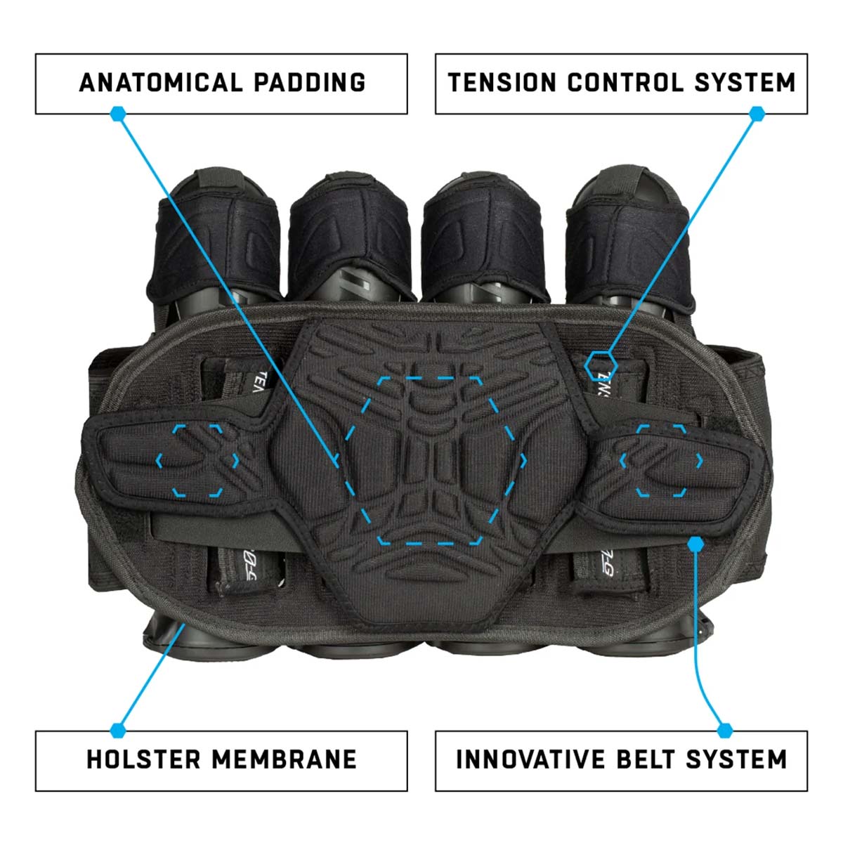 Back support Black Blue HK Army Zero G 2.0 Harness 4+3+4 paintball pack on a white background.