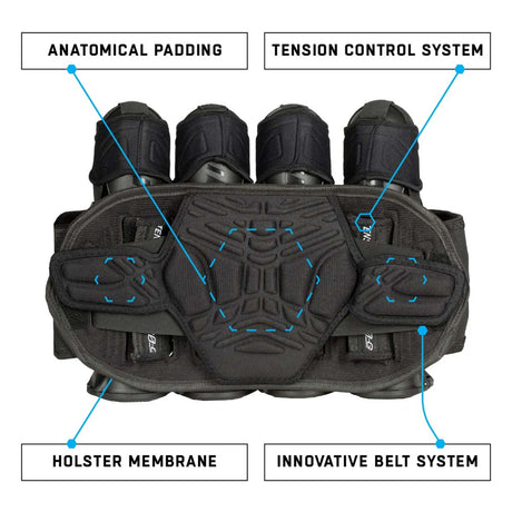 Back support Black Blue HK Army Zero G 2.0 Harness 4+3+4 paintball pack on a white background.