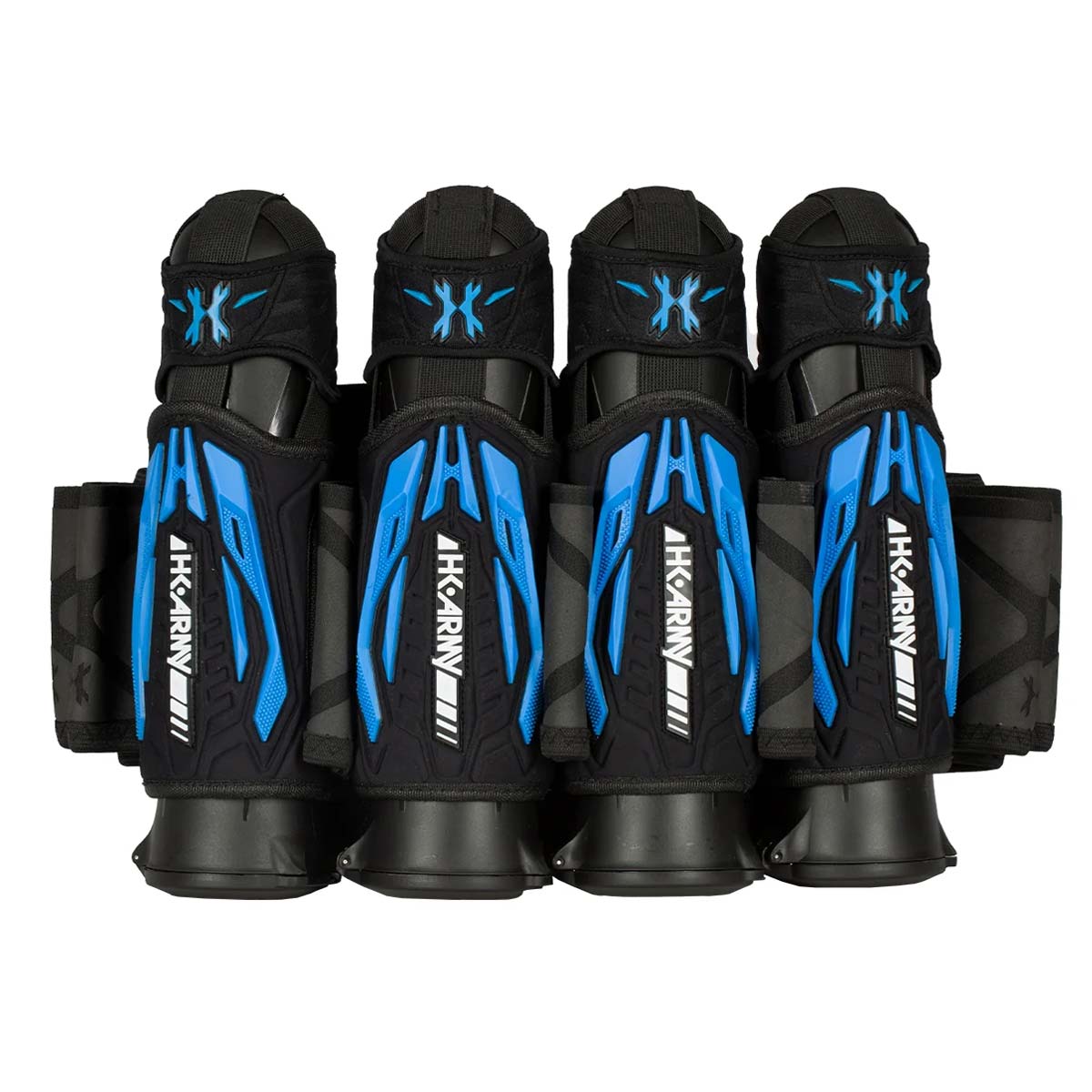 Black Blue HK Army Zero G 2.0 Harness 4+3+4 paintball pack on a white background.
