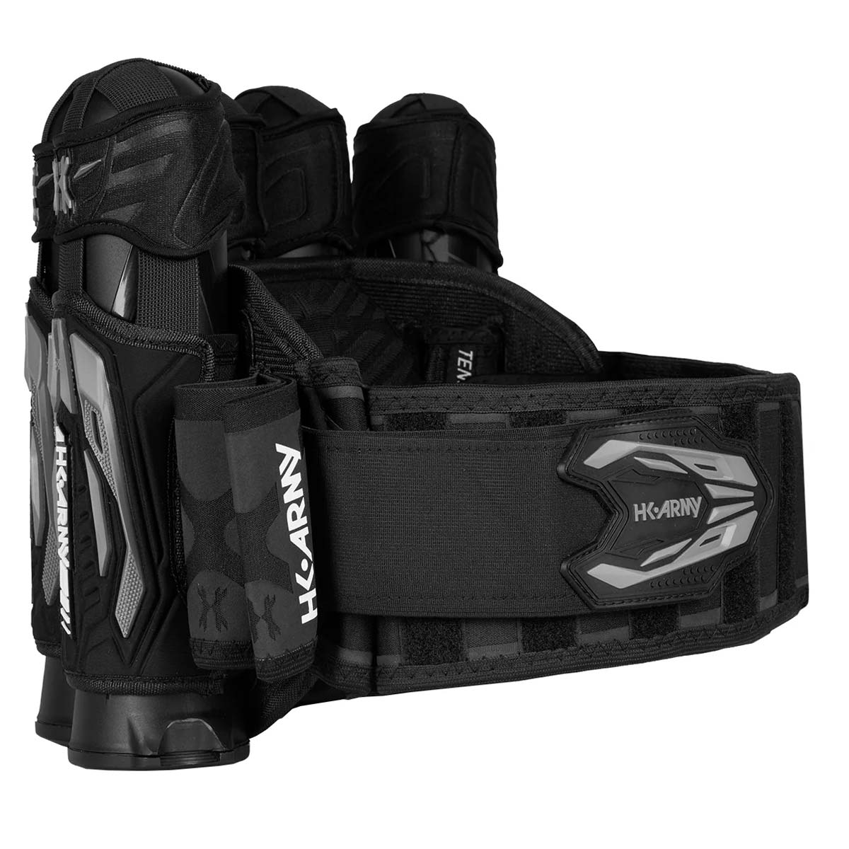 Side view Black Grey HK Army Zero G 2.0 Harness 4+3+4 paintball pack on a white background.