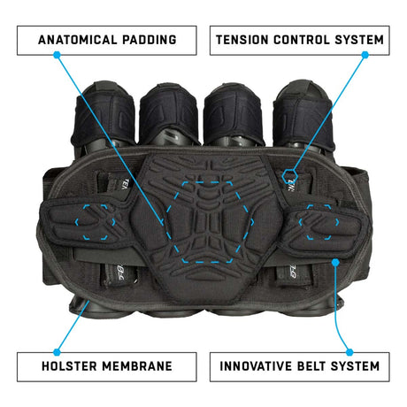 Back support Black Gray HK Army Zero G 2.0 Harness 4+3+4 paintball pack on a white background.