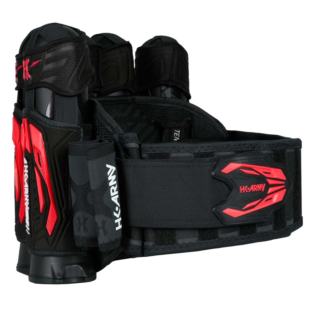 Side view Black Red HK Army Zero G 2.0 Harness 4+3+4 paintball pack on a white background.