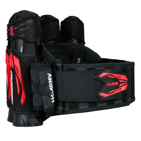 Side view Black Red HK Army Zero G 2.0 Harness 4+3+4 paintball pack on a white background.