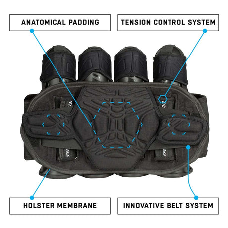 Back support Black Red HK Army Zero G 2.0 Harness 4+3+4 paintball pack on a white background.