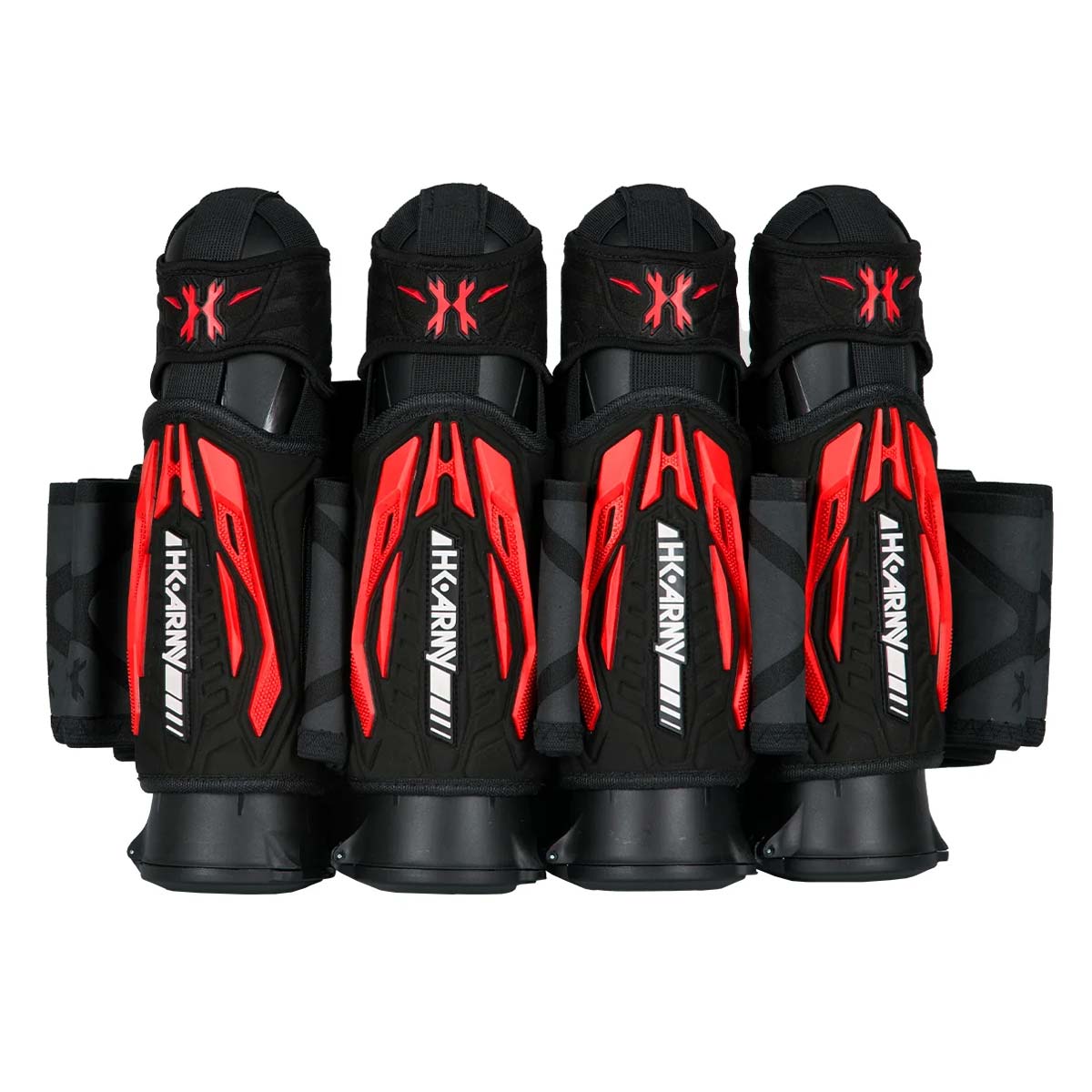 Black Red HK Army Zero G 2.0 Harness 4+3+4 paintball pack on a white background.