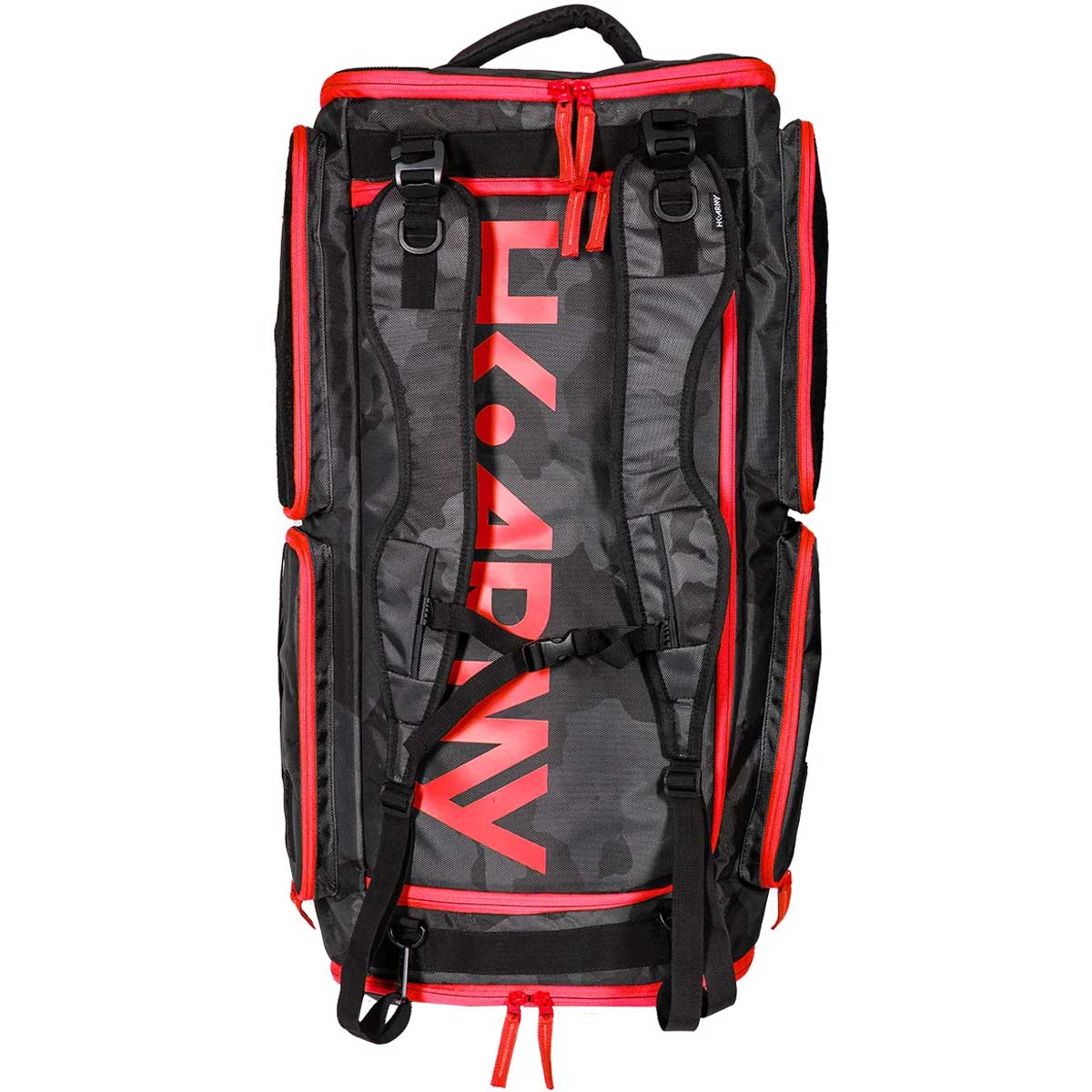 Back of Black and red with red logo HK Army Paintball Expand 75L Roller Gear bag Shroud Black Red with straps attached on a white background