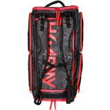 Back of Black and red with red logo HK Army Paintball Expand 75L Roller Gear bag Shroud Black Red with straps attached on a white background