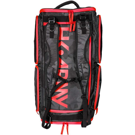Back of Black and red with red logo HK Army Paintball Expand 75L Roller Gear bag Shroud Black Red with straps attached on a white background