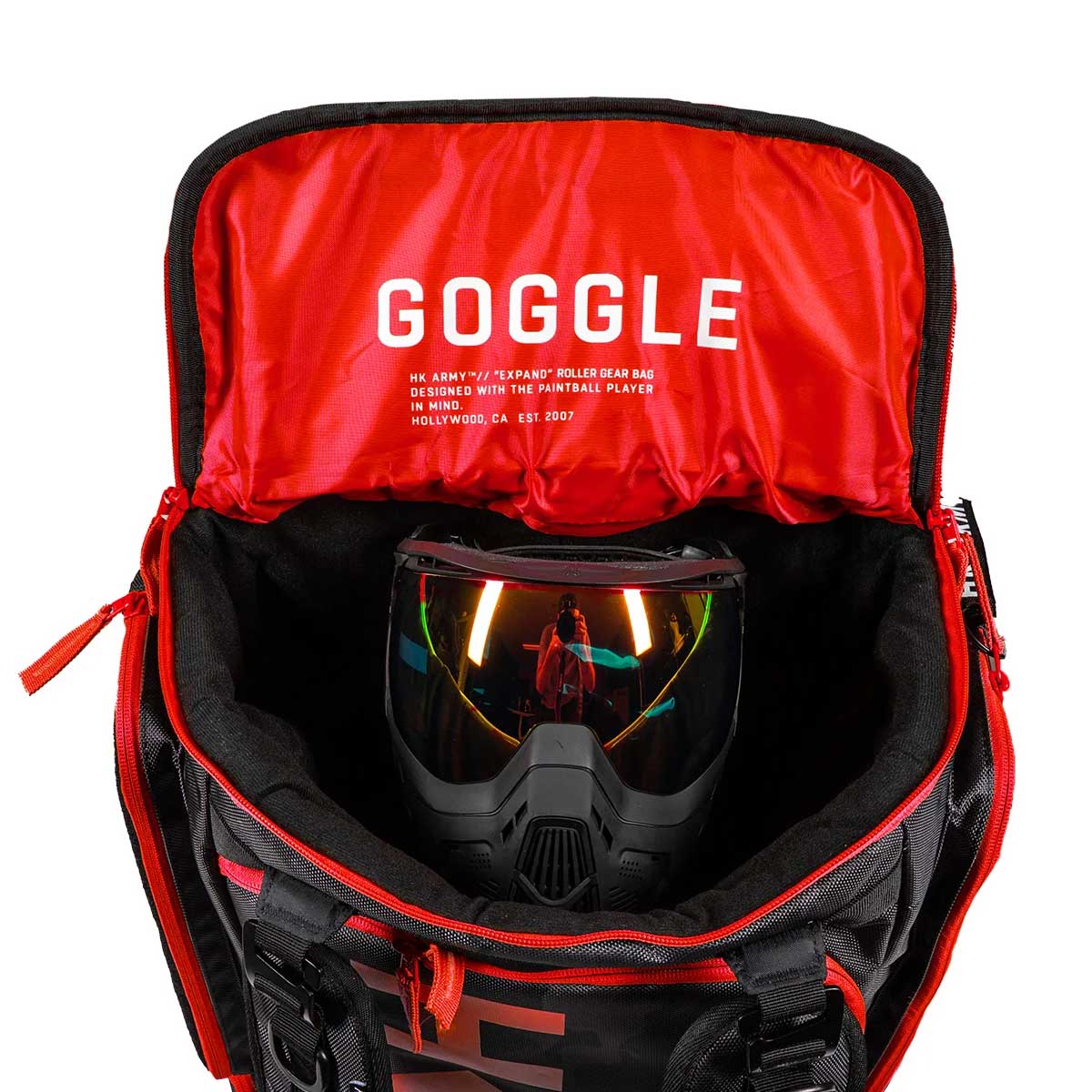 Goggle compartment with goggle of Black and red with HK Army Paintball Expand 75L Roller Gearbag Shroud Black Red on a white background