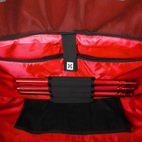 Barrel compartment with barrels in Black and red with white logo HK Army Paintball Expand 75L Roller Gear bag Shroud Black Red