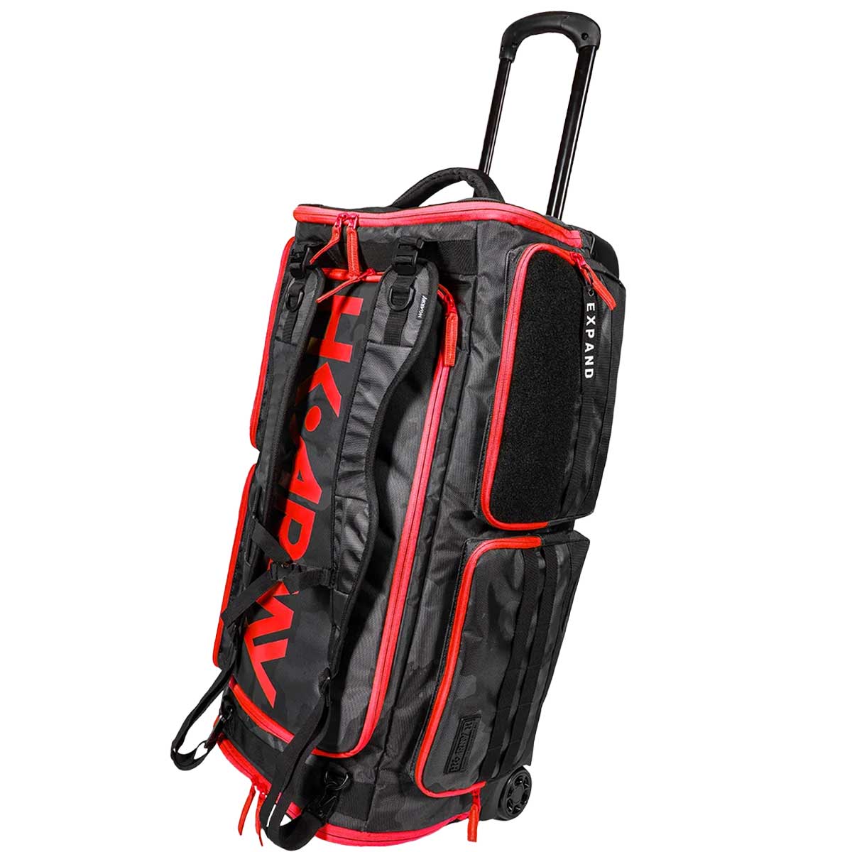 Black and red with red logo HK Army Paintball Expand 75L Roller Gear bag Shroud Black Red with extended handle and wheels on a white background