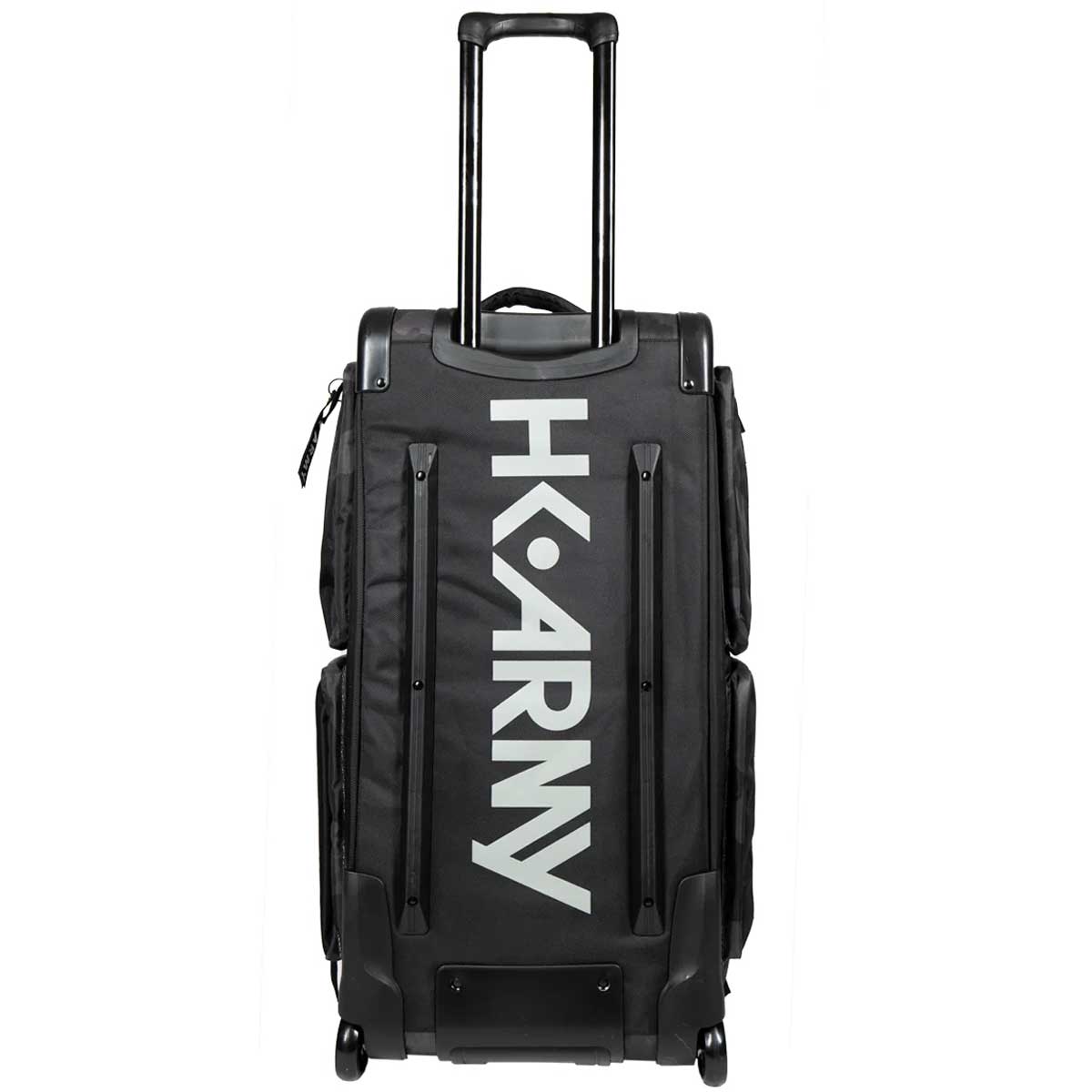 Back of Back of a black and grey camo HK Army Expand 75L Roller Gear Bag Shroud Blackout no straps against a white background