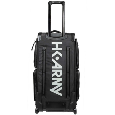 Back of Back of a black and grey camo HK Army Expand 75L Roller Gear Bag Shroud Blackout no straps against a white background