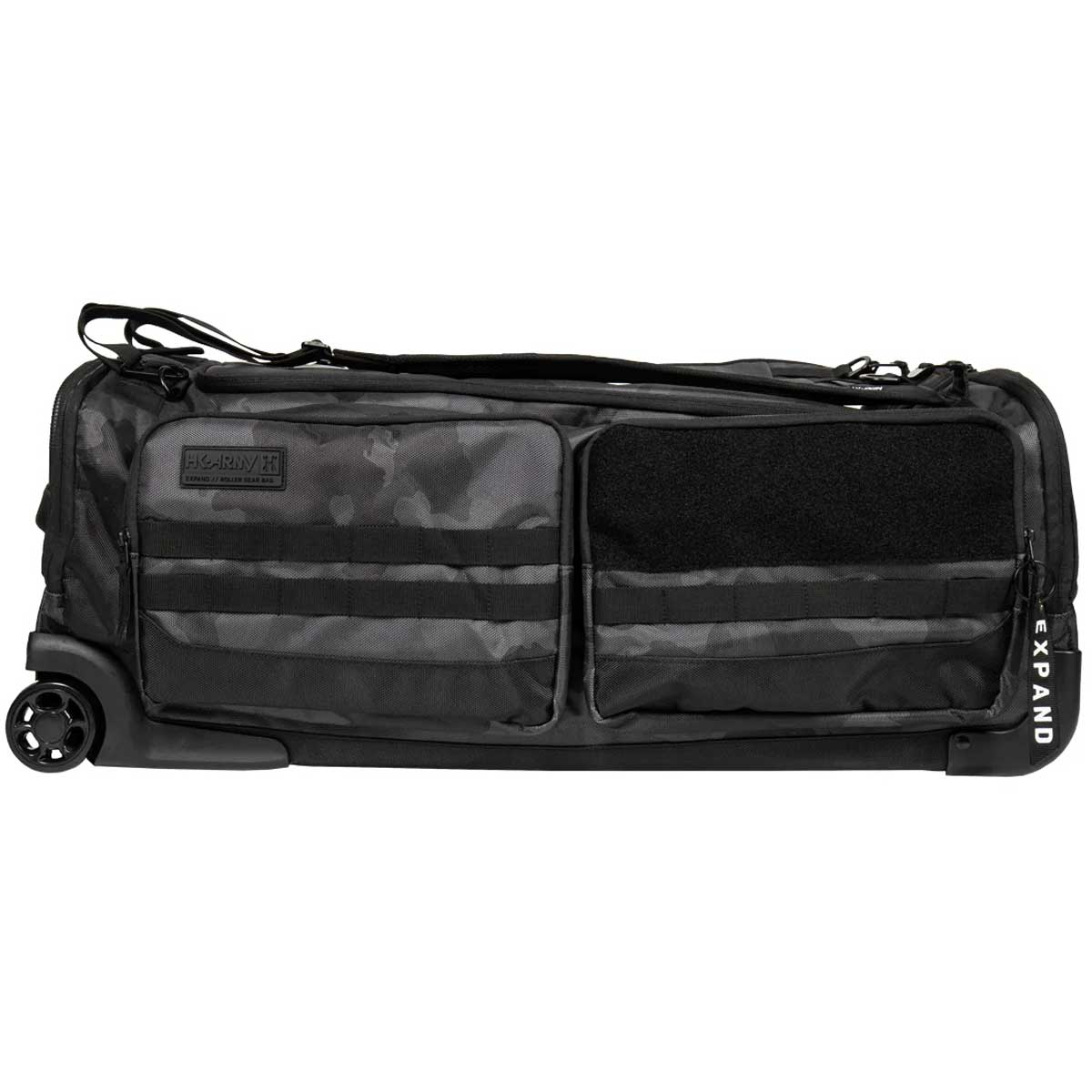Side of Back of a black and grey camo HK Army Expand 75L Roller Gear Bag Shroud Blackout against a white background