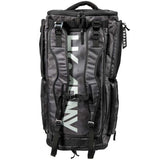 Back of a black and grey camo HK Army Expand 75L Roller Gear Bag Shroud Blackout against a white background