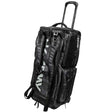 A black and gray HK Army Expand 75L Roller Gear Bag Shroud Blackout rolling duffel bag with an extended telescoping handle, multiple zippered compartments, and a vertical white HK Army brand logo on the side, shown against a plain white background.