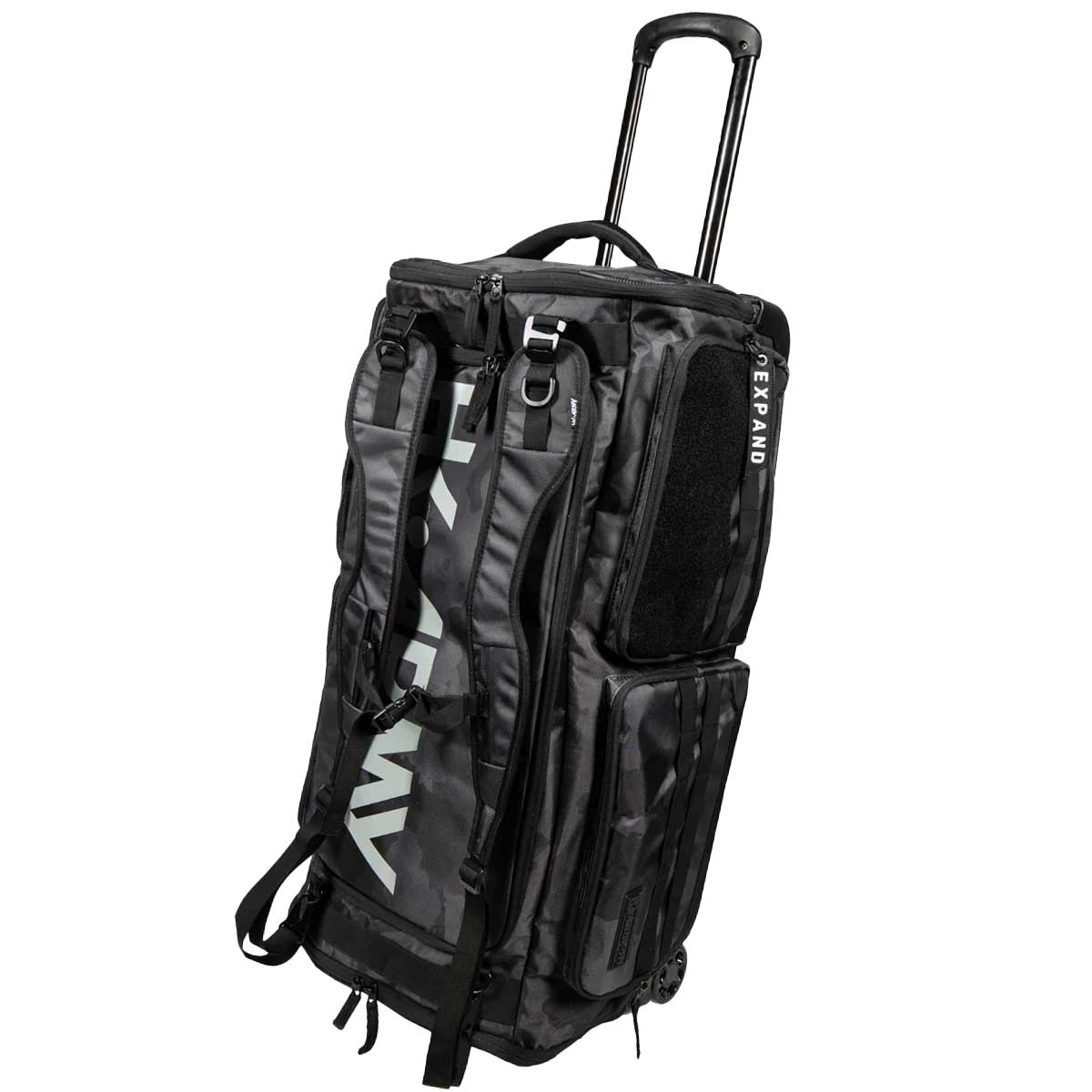 A black and gray HK Army Expand 75L Roller Gear Bag Shroud Blackout rolling duffel bag with an extended telescoping handle, multiple zippered compartments, and a vertical white HK Army brand logo on the side, shown against a plain white background.