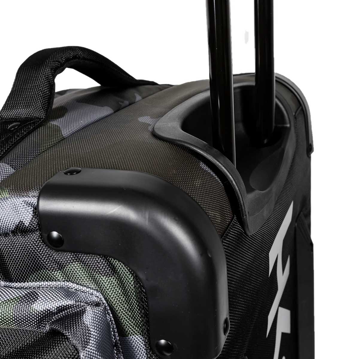 Detail view of handle Black green and grey camo print HK Army Paintball Expand 75L Roller Gear bag Shroud Forest on a white background