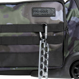 Detail view of molle straps of Black green and grey camo print HK Army Paintball Expand 75L Roller Gear bag Shroud Forest on a white background