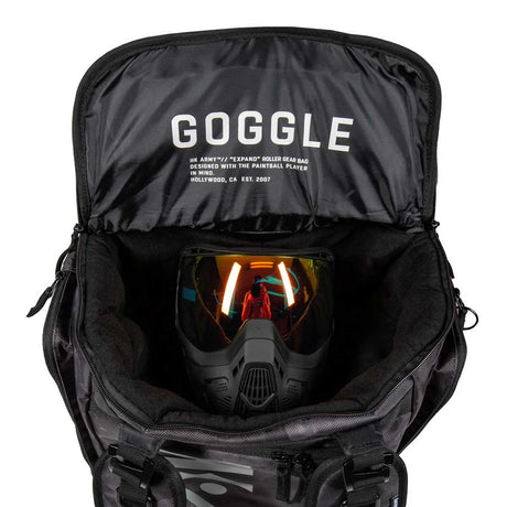 Open goggle compartment Black green and grey camo print HK Army Paintball Expand 75L Roller Gear bag Shroud Forest on a white background