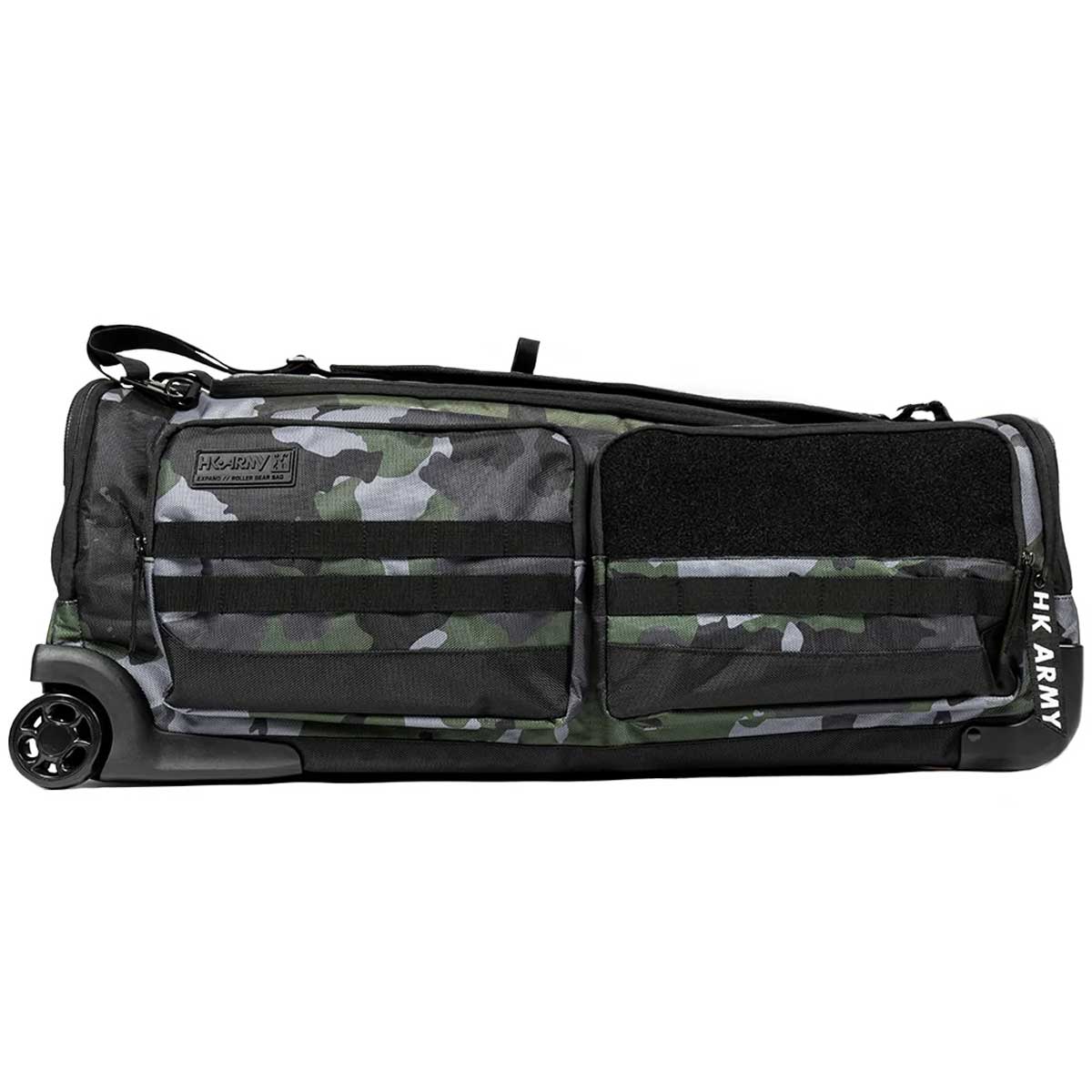 Side view Back of Black green and grey camo print with white logo HK Army Paintball Expand 75L Roller Gear bag Shroud Forest with handle and wheels on a white background