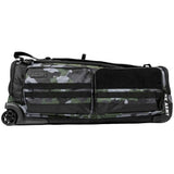 Side view Back of Black green and grey camo print with white logo HK Army Paintball Expand 75L Roller Gear bag Shroud Forest with handle and wheels on a white background