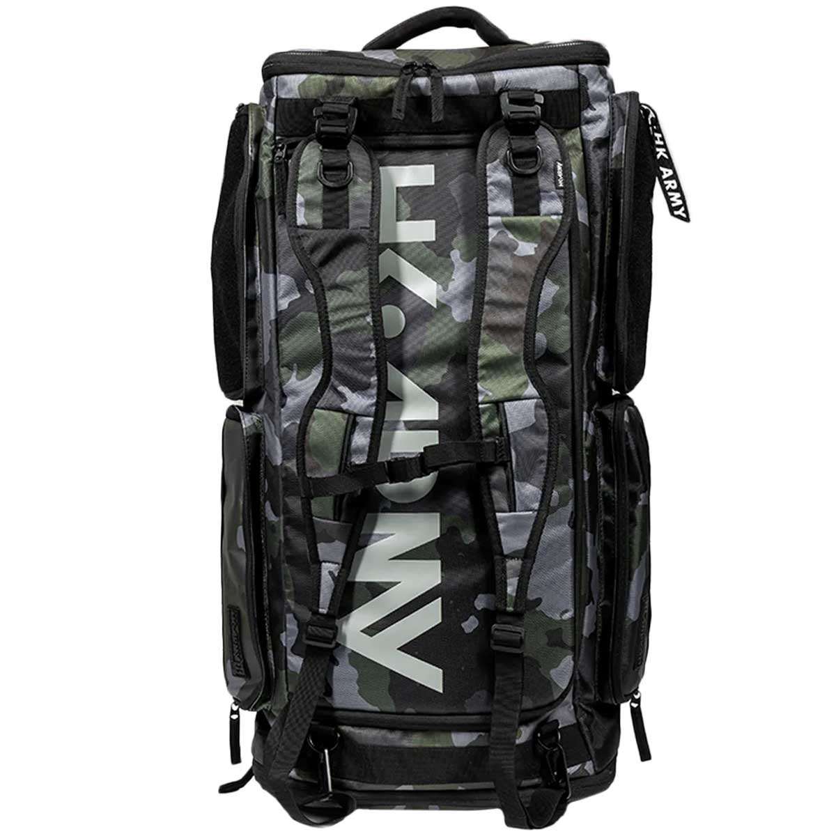 Back of Black green and grey camo print with white logo HK Army Paintball Expand 75L Roller Gear bag Shroud Forest with handle and wheels on a white background